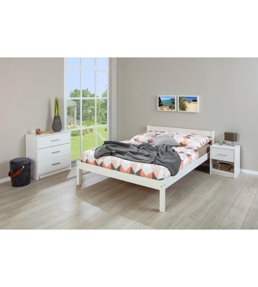 LETTO MATRIMONIALE IN LEGNO DI PINO MASSELLO BIANCO 140X200 CM